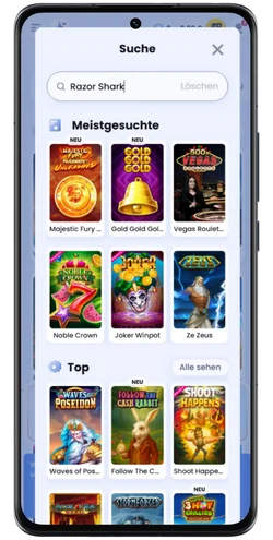 Razor Shark Slot im Spiele-Menü der offiziellen Casino-Lobby auf Smartphone
