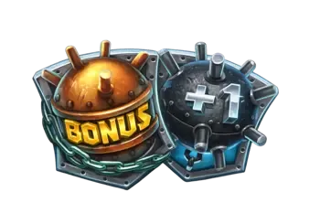 Bonus- und +1-Multiplikator-Symbole aus Razor Shark mit Seemine und Metallmine auf transparentem Hintergrund